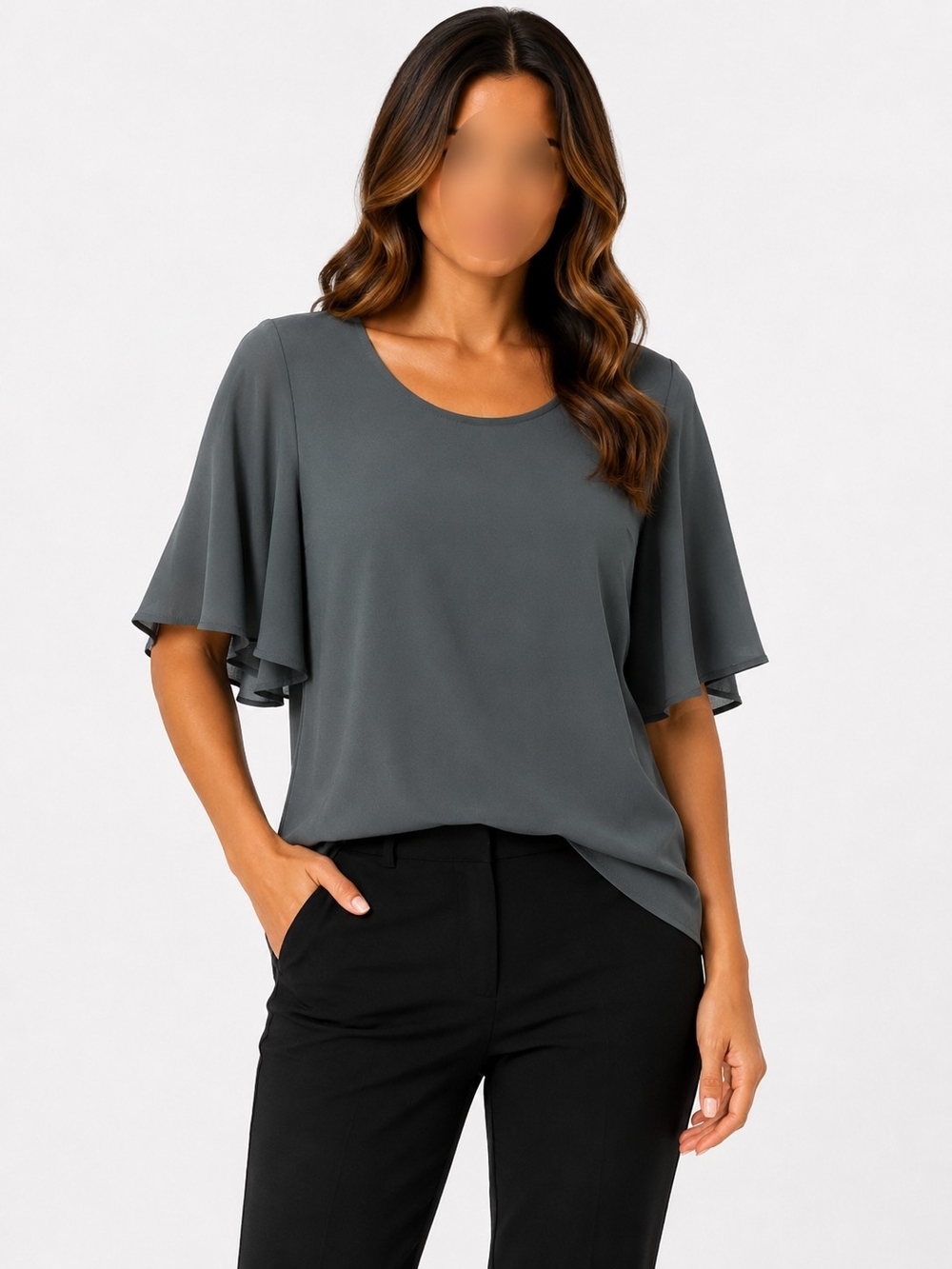 le chateau Charcoal Gray Flutter Sleeve Blouse